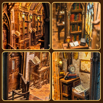 Detailcollage mit Laternen, Lesetisch, Bücherregalen und Zieruhr