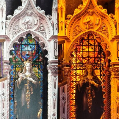 Vetrata gotica e figura decorativa con luce spenta e accesa