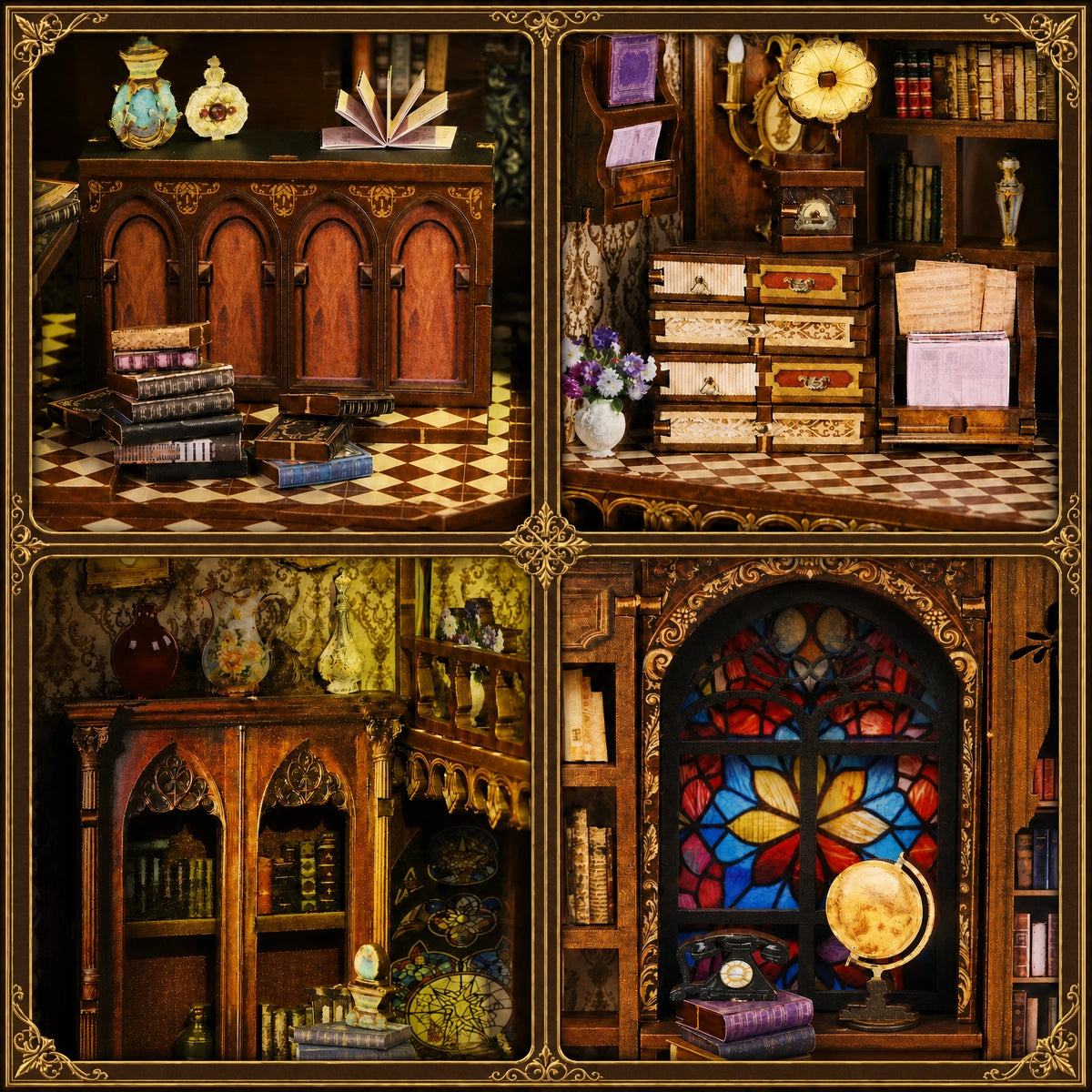 Detailcollage mit Bücherregalen, Kästen, Flakons, Telefon und Globus