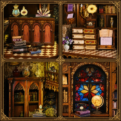 Detailcollage mit Bücherregalen, Kästen, Flakons, Telefon und Globus