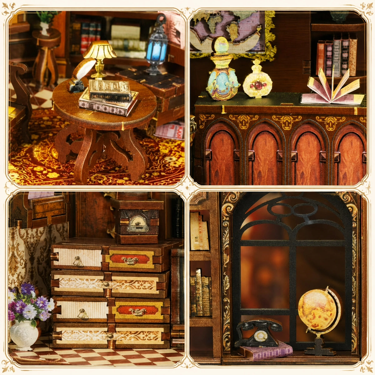 Detailcollage mit Lesetisch, alten Büchern, Aufbewahrungskästen und Fenster