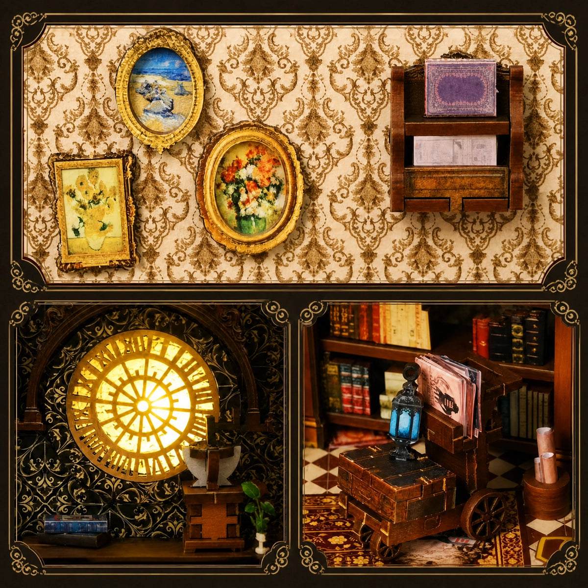 Detailcollage mit Gemälden, Rosette und Bücherwagen