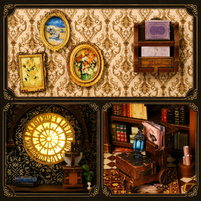 Detailcollage mit Gemälden, Rosette und Bücherwagen