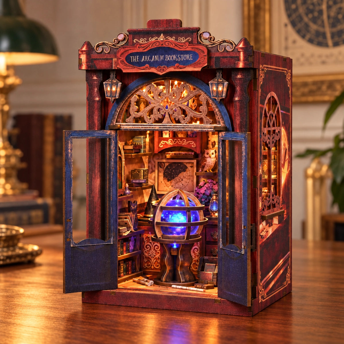Arcanum Bookstore – Vista frontale con interno visibile e sfera luminosa