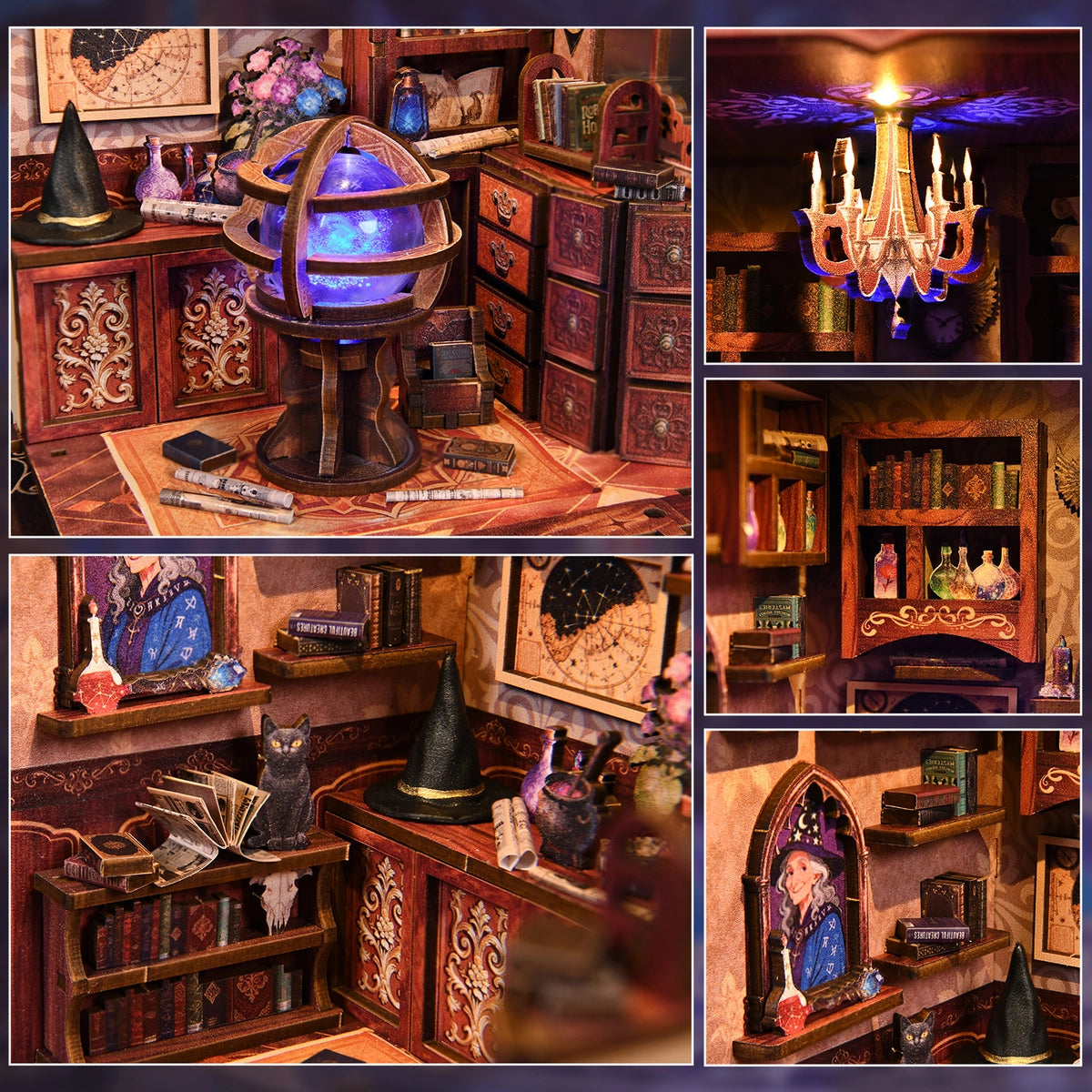 Arcanum Bookstore – Collage di sfera, lampadario e scaffali