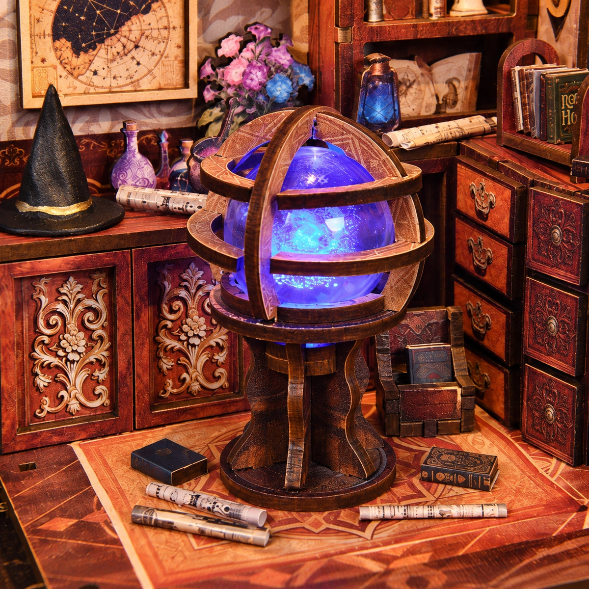 Arcanum Bookstore – Sfera viola e blu fra libri e rotoli