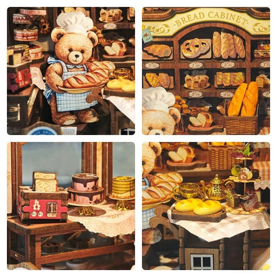 Collage con orsetto fornaio, mobile del pane, torte, tè e dolci