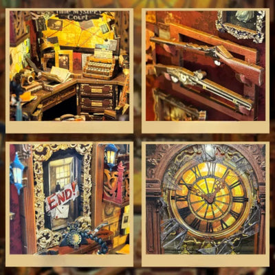 Collage con scrivania da detective, fucili esposti, quadro con messaggio e quadrante