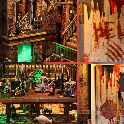 Bloody Hotel illuminato in un’ambientazione horror con facciata, scala e pannello laterale gotico