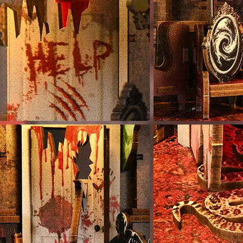 Collage del fantasma proiettato, del camino verde e del tavolo nella hall