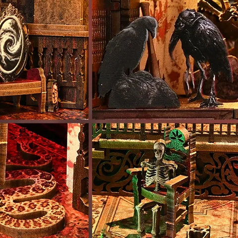 Bloody Hotel esposto su una libreria accanto a volumi decorativi