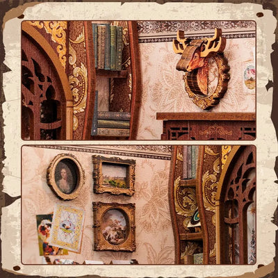 Collage di libri, quadri, orologio e piccoli ricordi sulle pareti