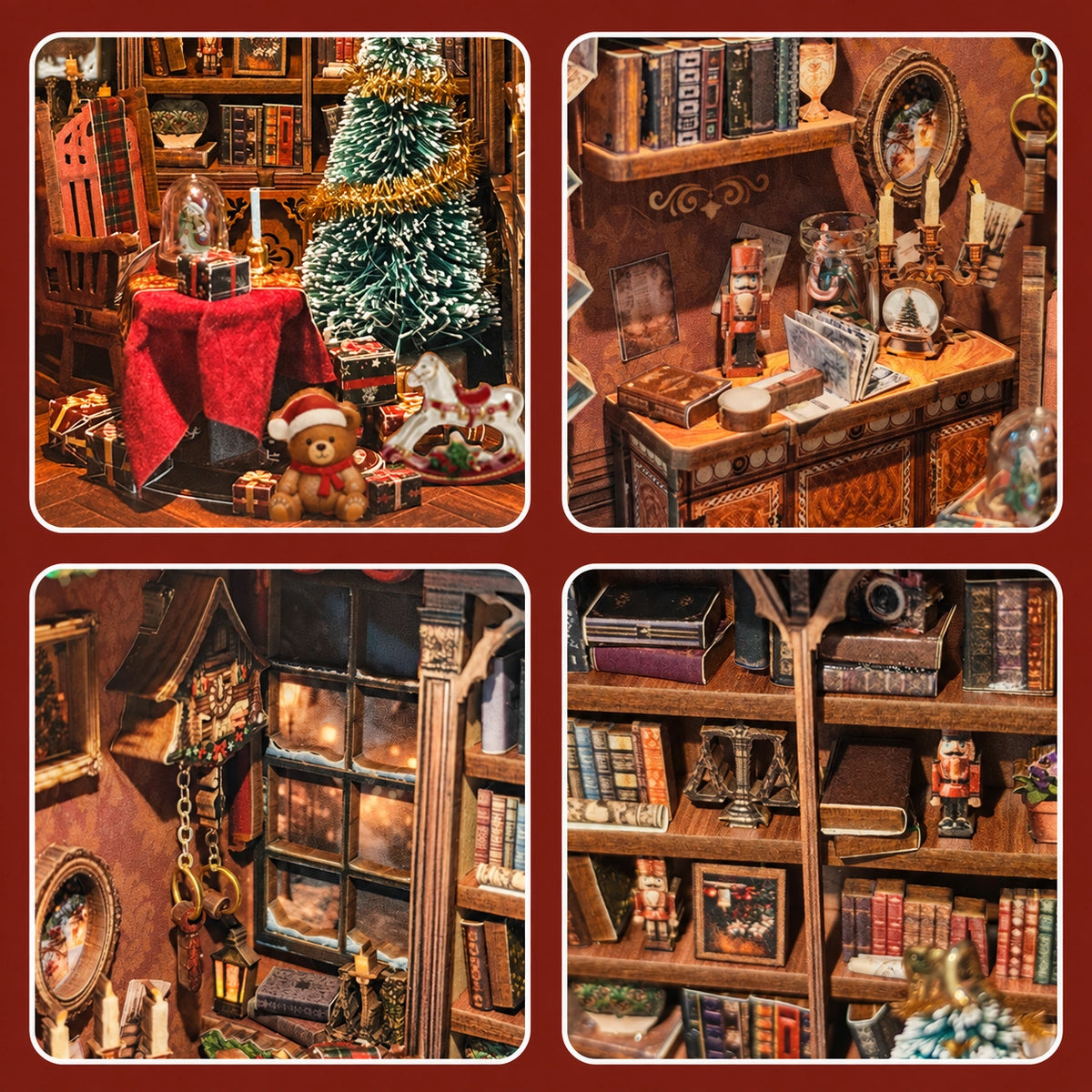 Details von Weihnachtsbaum, Lesetisch, Fenster und Bücherregalen