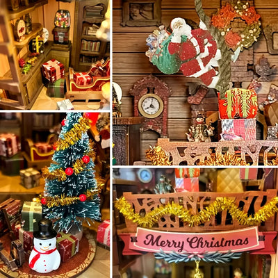 Collage con slitta, albero decorato, pupazzo di neve e Babbo Natale sulla corda