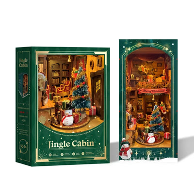 Confezione verde Christmas Jingle Cabin accanto al Book Nook natalizio finito