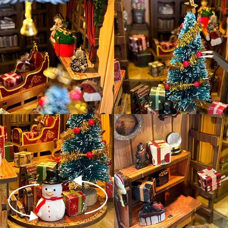 Collage del primo piano girevole con albero, regali e pupazzo di neve