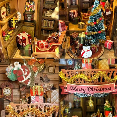 Dettagli natalizi con pacchi, slitta, albero, pupazzo di neve e Babbo Natale