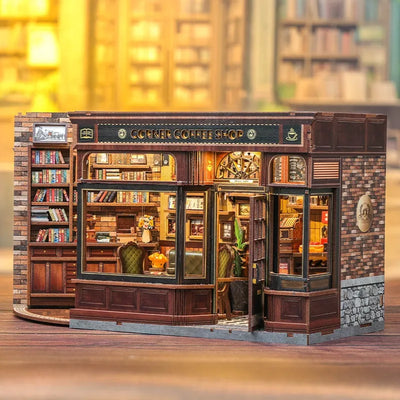 Seitliche Ansicht des Book Nook - Corner Coffee Shop mit gut sichtbaren Elementen