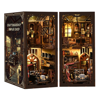 Book Nook - Craftsmanship Repair Shop Gesamtansicht mit präzise geschnittenen Holzteilen und hochwertiger Verarbeitung