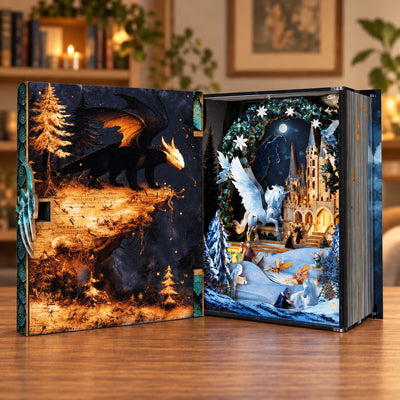 Geöffneter Book Nook mit Drachenmotiv und verschneitem Schloss