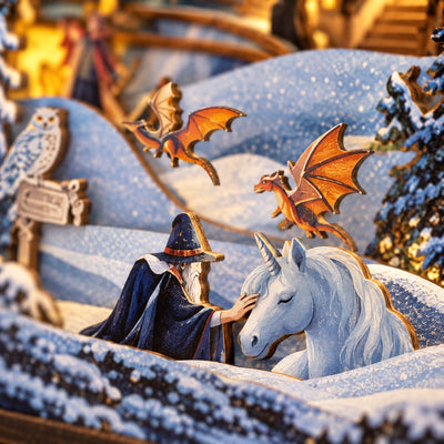 Zauberer bei einem Einhorn mit kleinen Drachen im Hintergrund