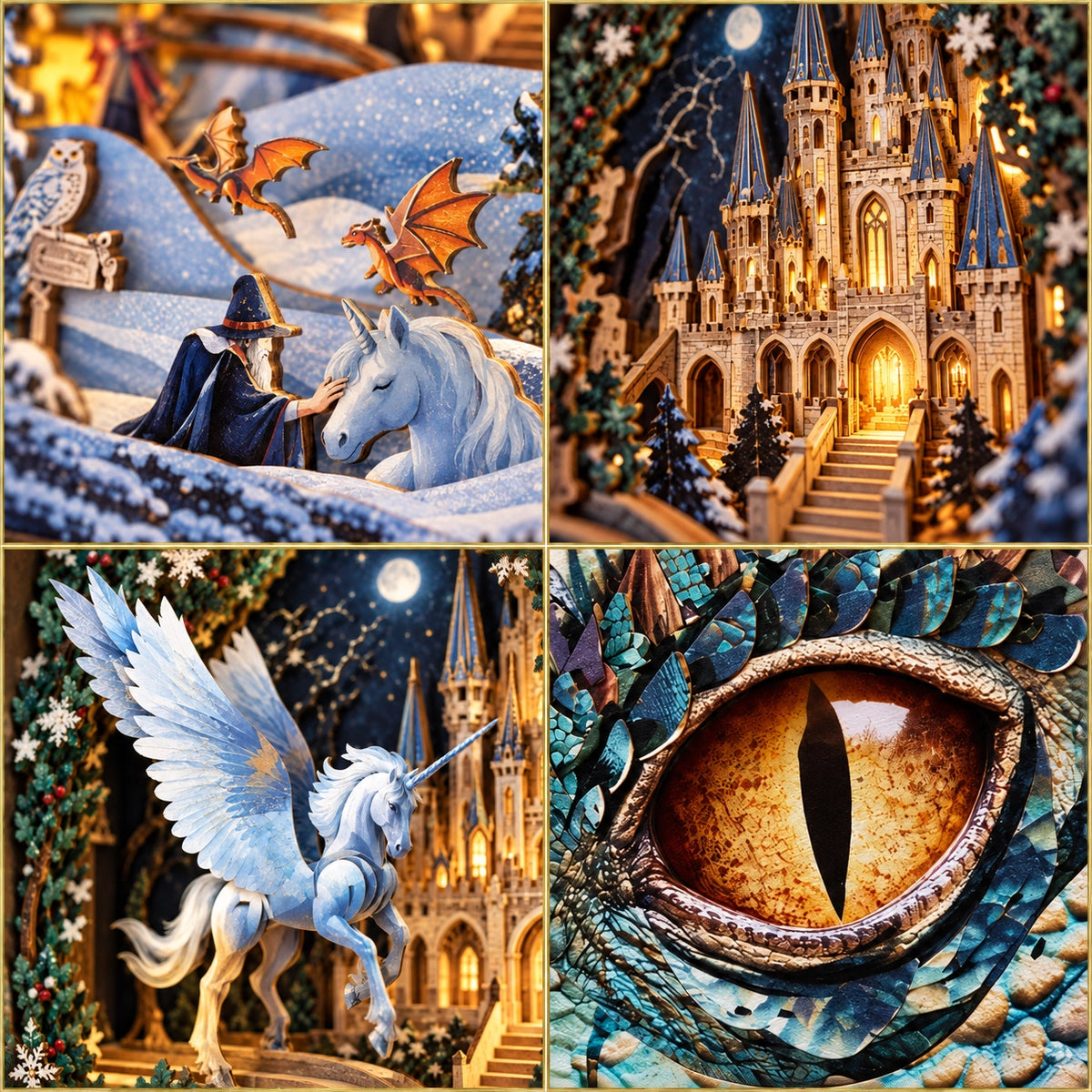 Detailübersicht mit Einhörnern, Schloss und Drachenauge