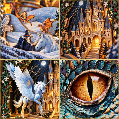 Detailübersicht mit Einhörnern, Schloss und Drachenauge