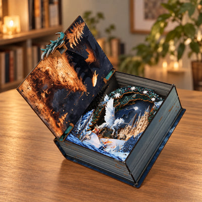 Schrägansicht des geöffneten Book Nooks mit gestaffelter Schneeszene