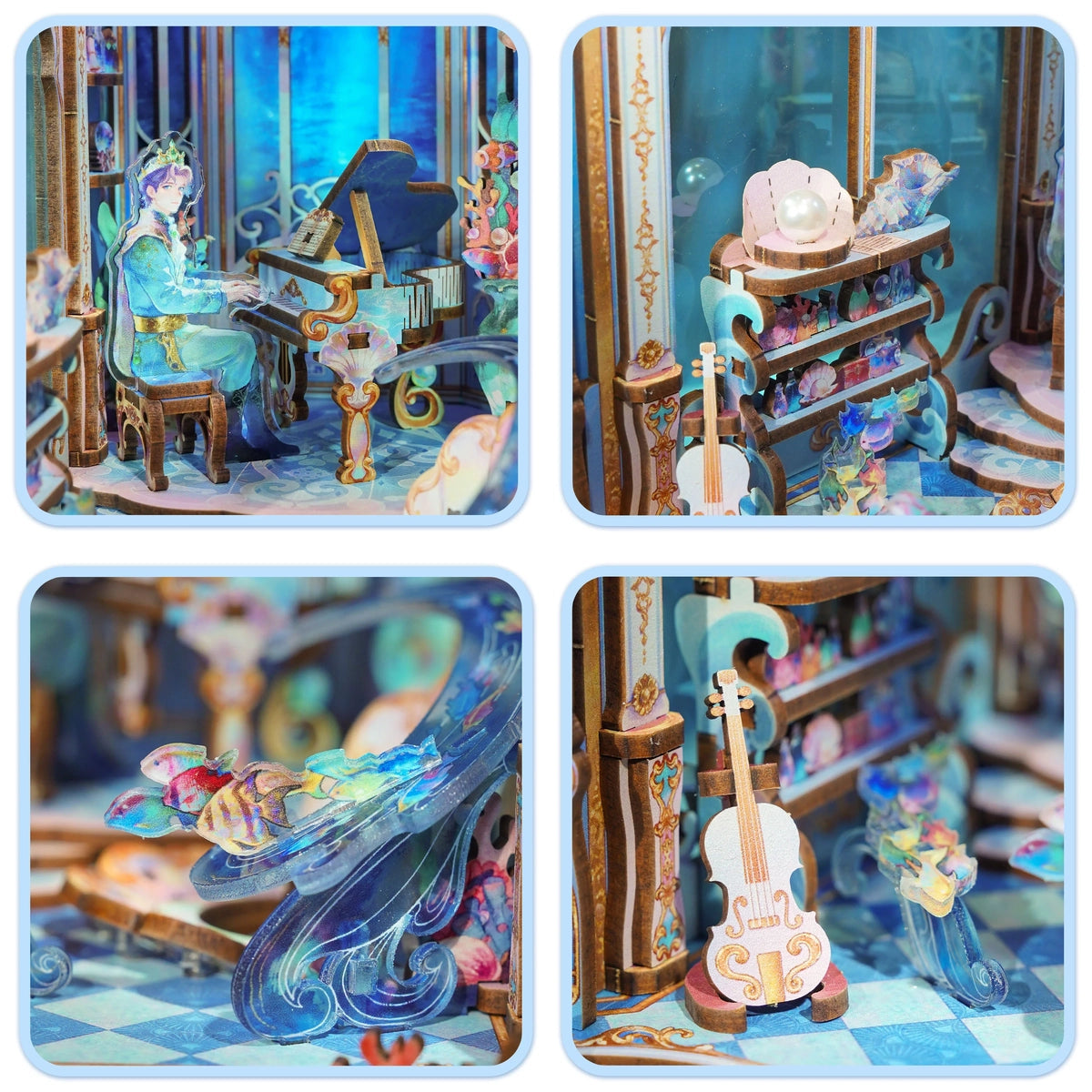 Dettagli di pianoforte, lampada a conchiglia, pesci e violoncello in Deep Melody