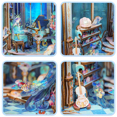 Dettagli di pianoforte, lampada a conchiglia, pesci e violoncello in Deep Melody