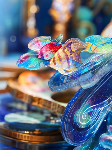 Transparente Fische in einer geschwungenen blauen Strömung