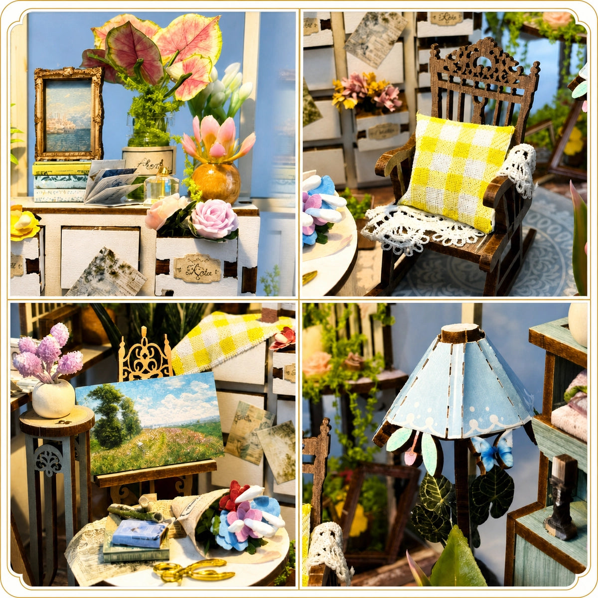 Atelierdetails mit Staffelei, Sessel, Blumen und Lampe in Demi's Flower House
