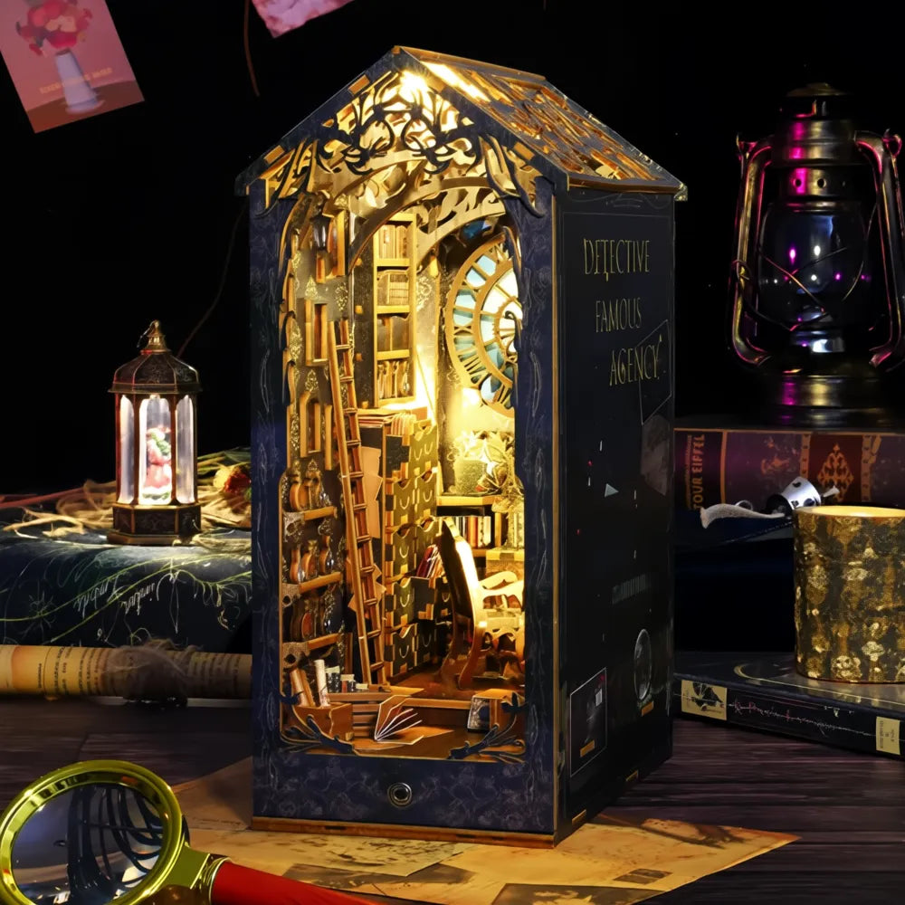 Vista laterale di Detective Agency con libreria, scala e scritta inglese sul pannello