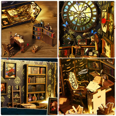 Collage dell’ufficio investigativo con scrivania, librerie, quadrante, radio e farfalle blu