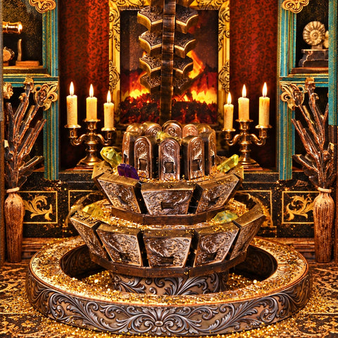 Nahansicht des ornamentierten Aufbaus und der Kerzenleuchter
