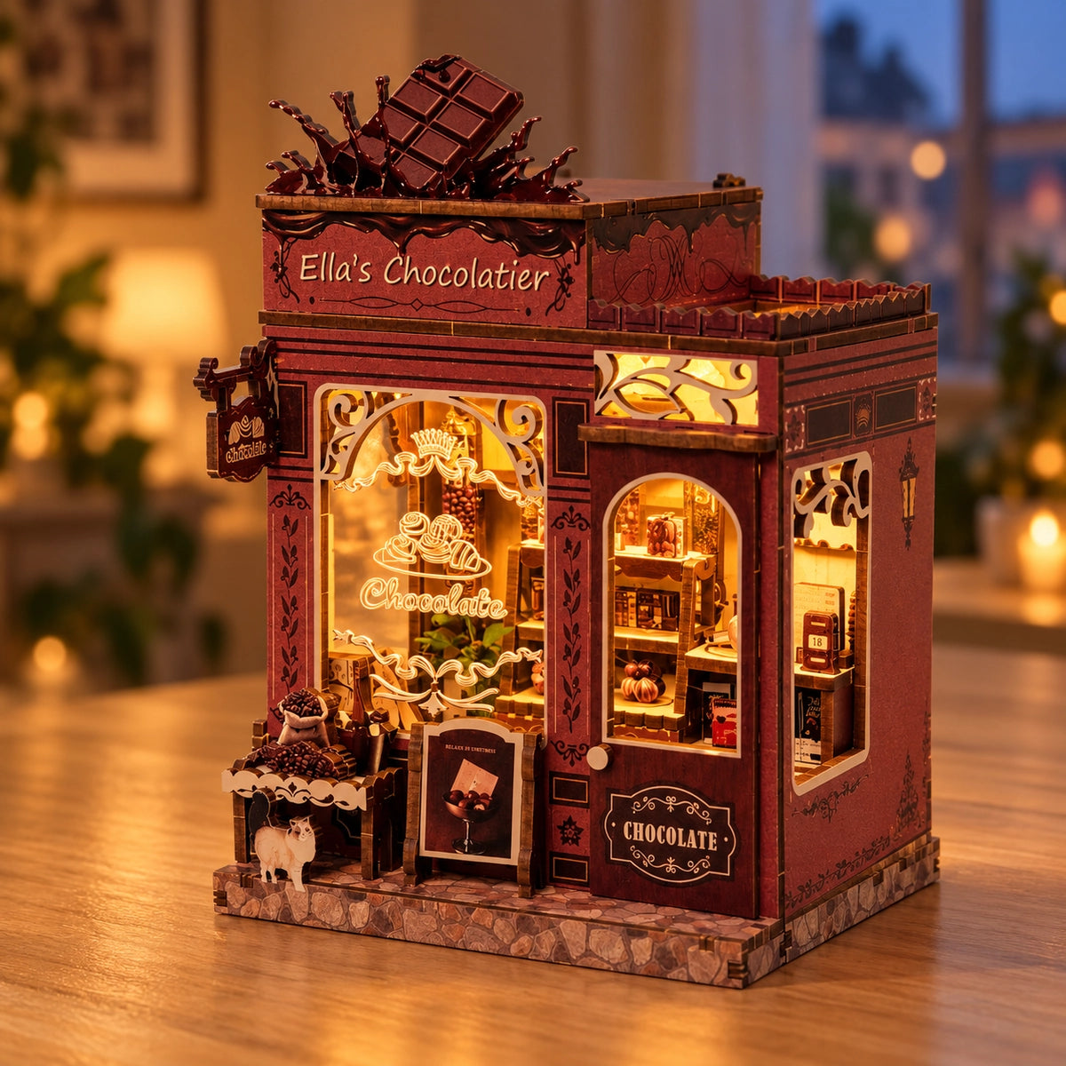 Ella's Chocolatier als warm beleuchtetes Abendmotiv