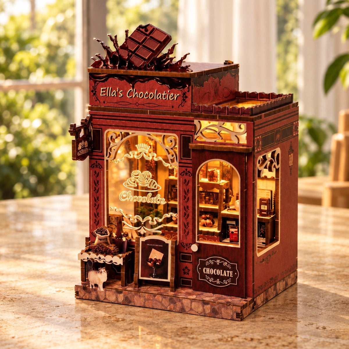 Ella's Chocolatier mit Schaufenstern und verziertem Dach
