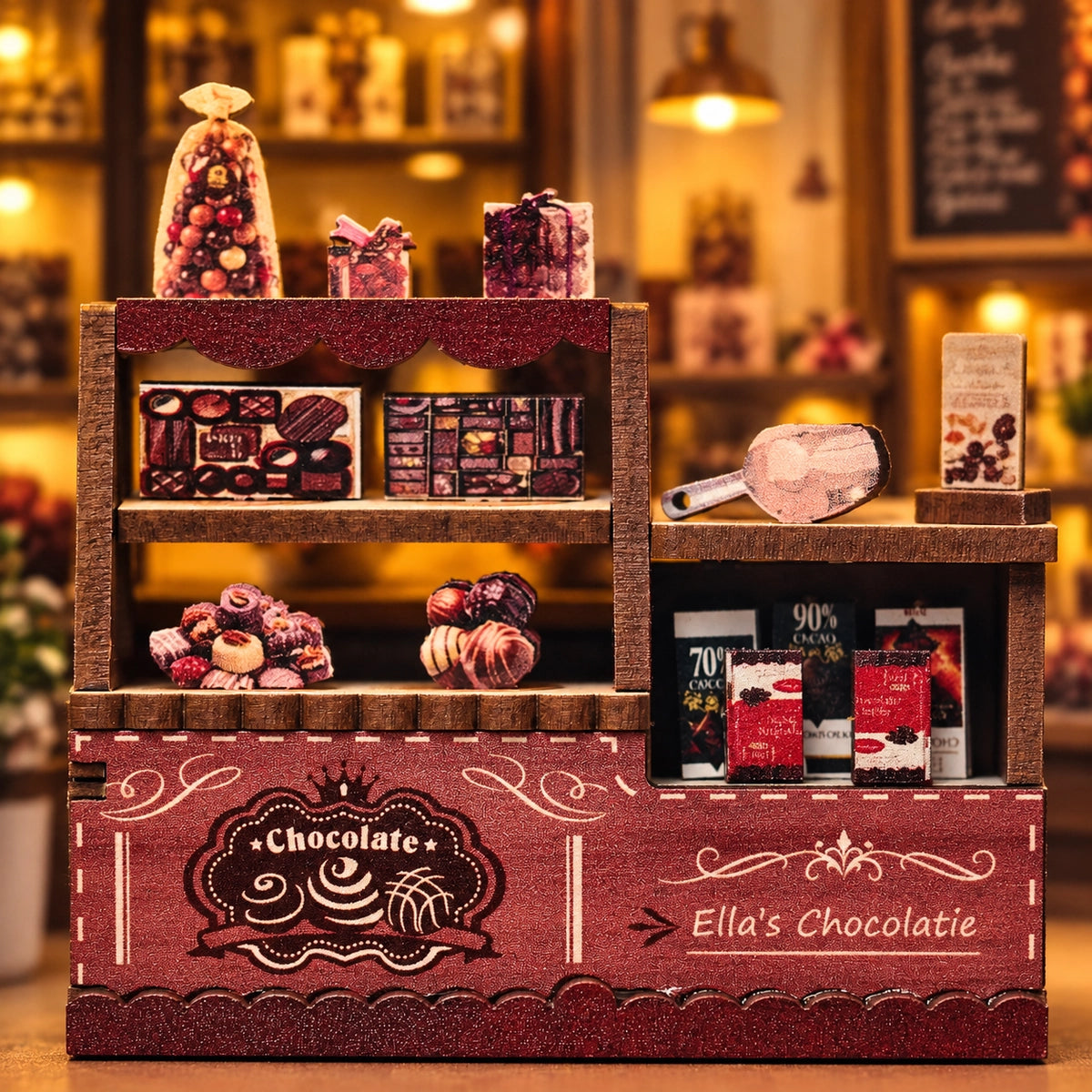Pralinen und Geschenkpackungen in der kleinen Verkaufsauslage