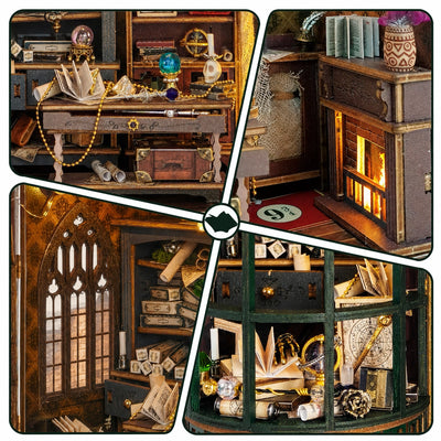 Details von Schreibtisch, Briefen, Büchern und magischen Instrumenten