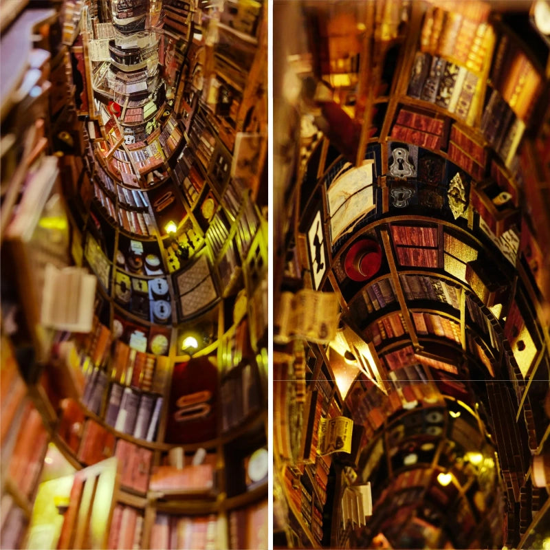 Nahaufnahme des Book Nook - Falling Library mit reichhaltigen Details