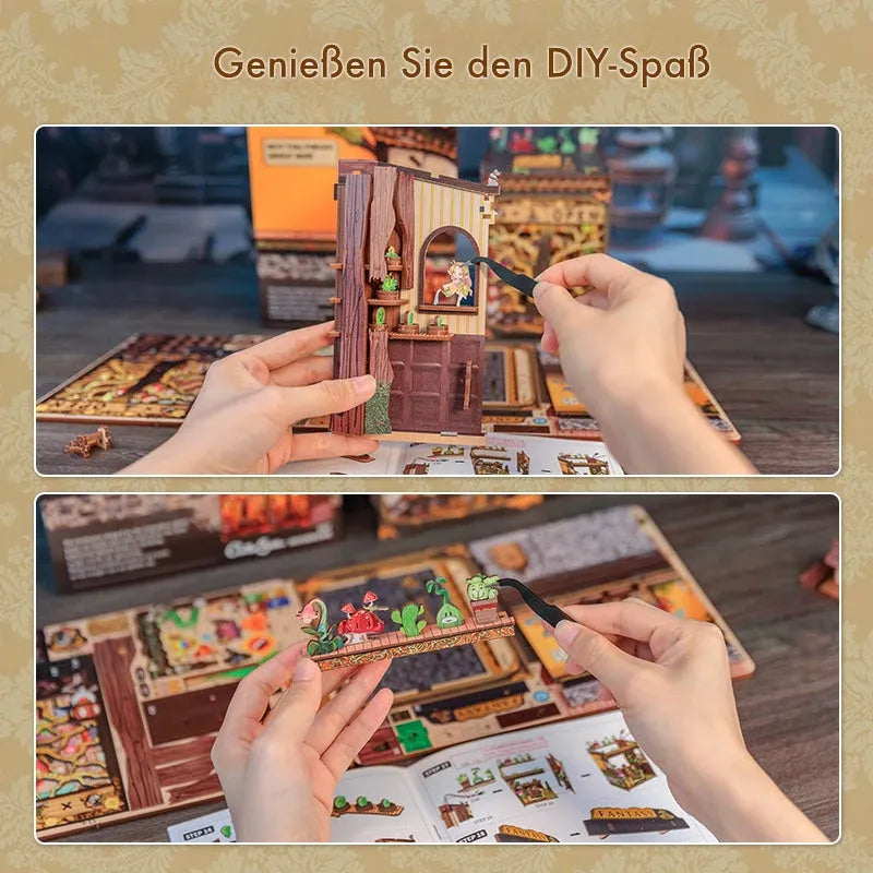 Montagebeispiel des Book Nook - Fantacy Plant Shop mit verständlichen Schritten und Spaß am Zusammenbauen