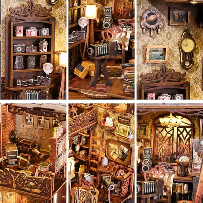 Collage con fotocamere vintage, ingranditore, stampe e arredi di Film Darkroom