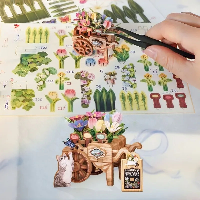 Detailansicht des Book Nook - Flower Shop mit präzise geschnittenen Holzteilen aus hochwertigem Material