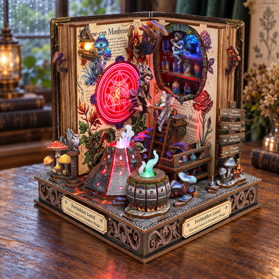 Forbiddden Land – Scena a libro con segno rosso luminoso e calderone verde