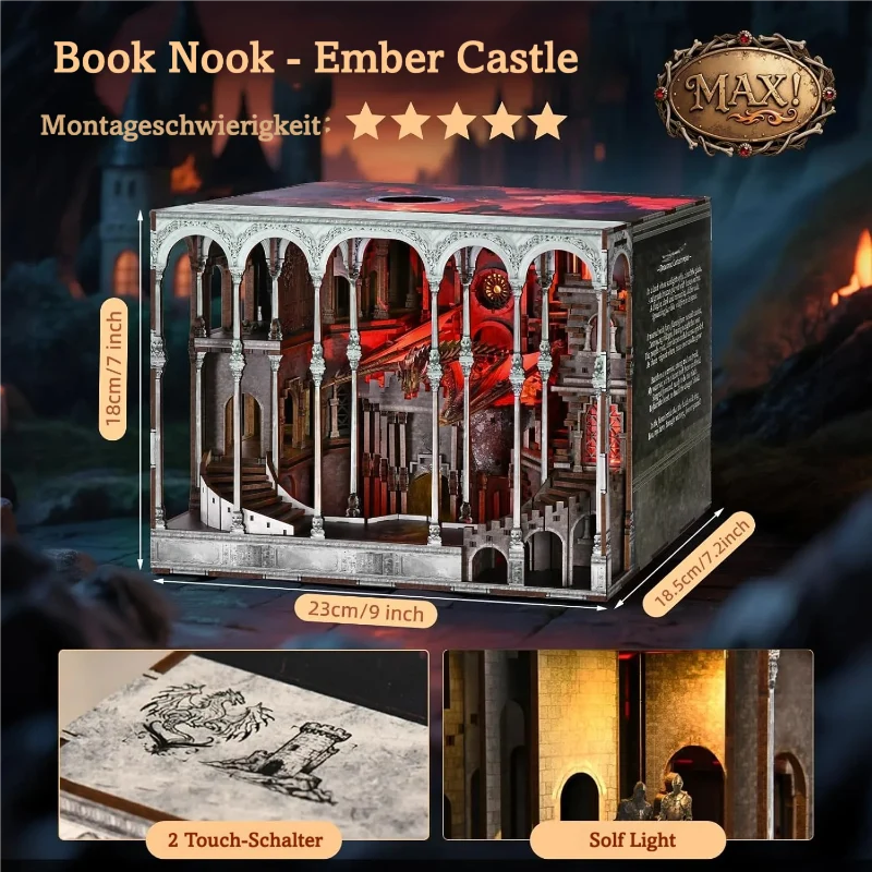 Book Nook Fourth Wing - Ember Castle mit detaillierten Abmessungen