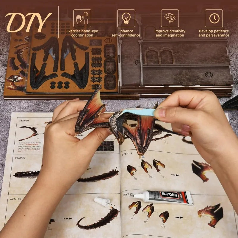 Detailansicht des Book Nook Fourth Wing - Ember Castle mit präzise geschnittenen Holzteilen aus hochwertigem Material
