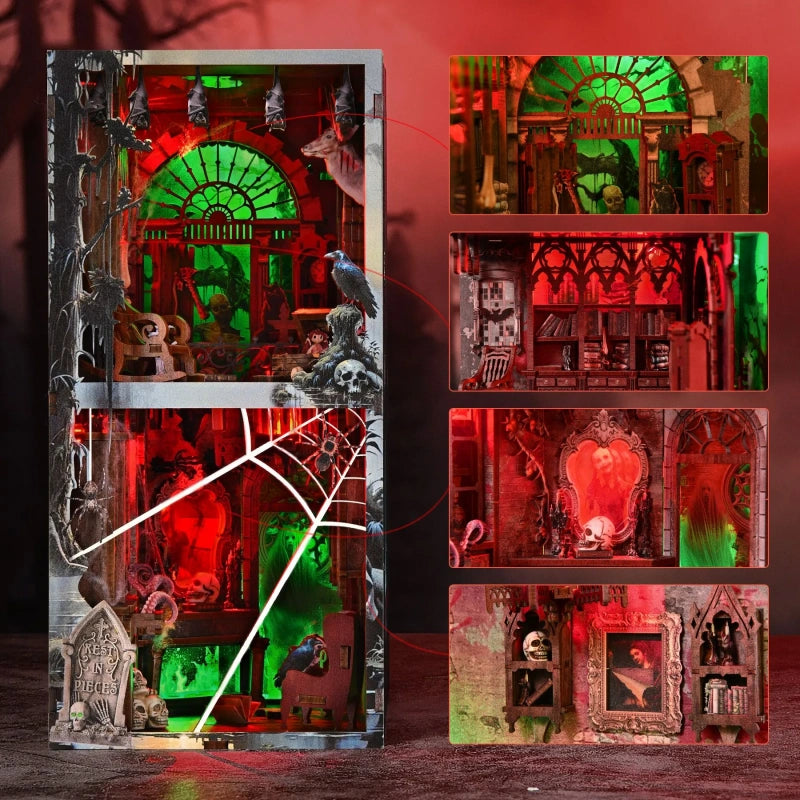 Nahaufnahme des Book Nook - Haunted Mansion mit reichhaltigen Details