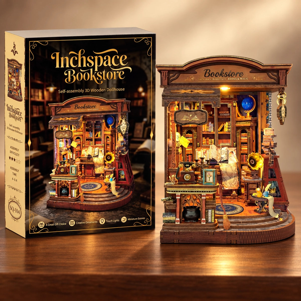 Inchspace Bookstore Bausatz mit Verpackung und aufgebautem Modell