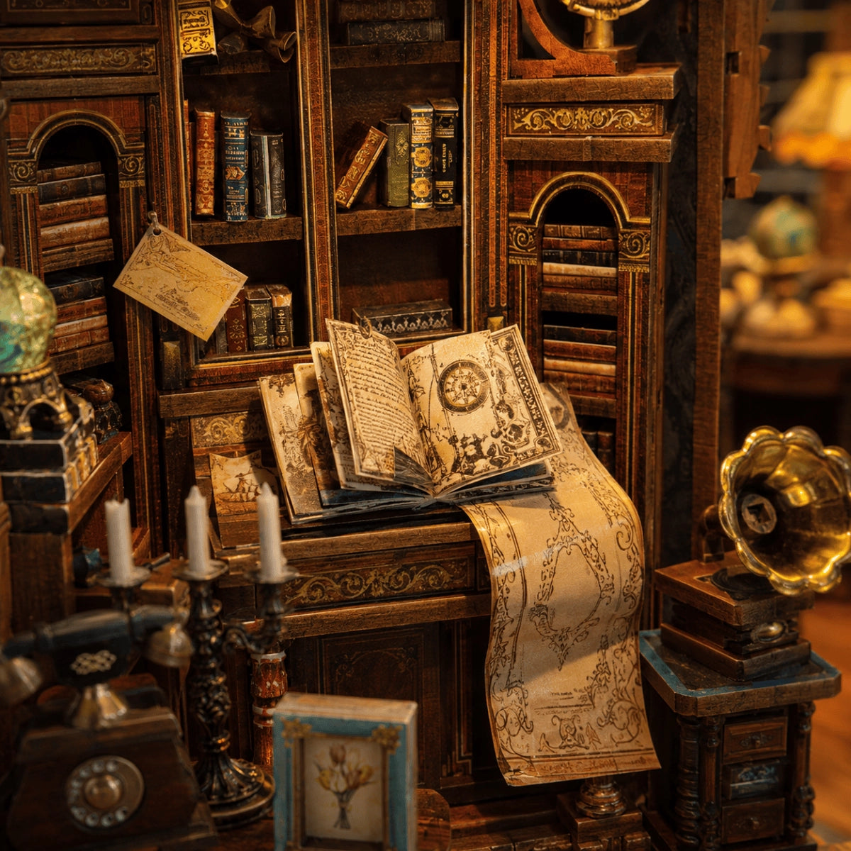 Aufgeschlagenes Miniaturbuch und lange Schriftrolle zwischen den Bücherregalen