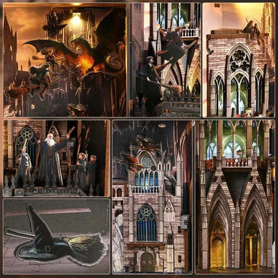 Collage della lezione di volo con ponte, torri, allievi e drago